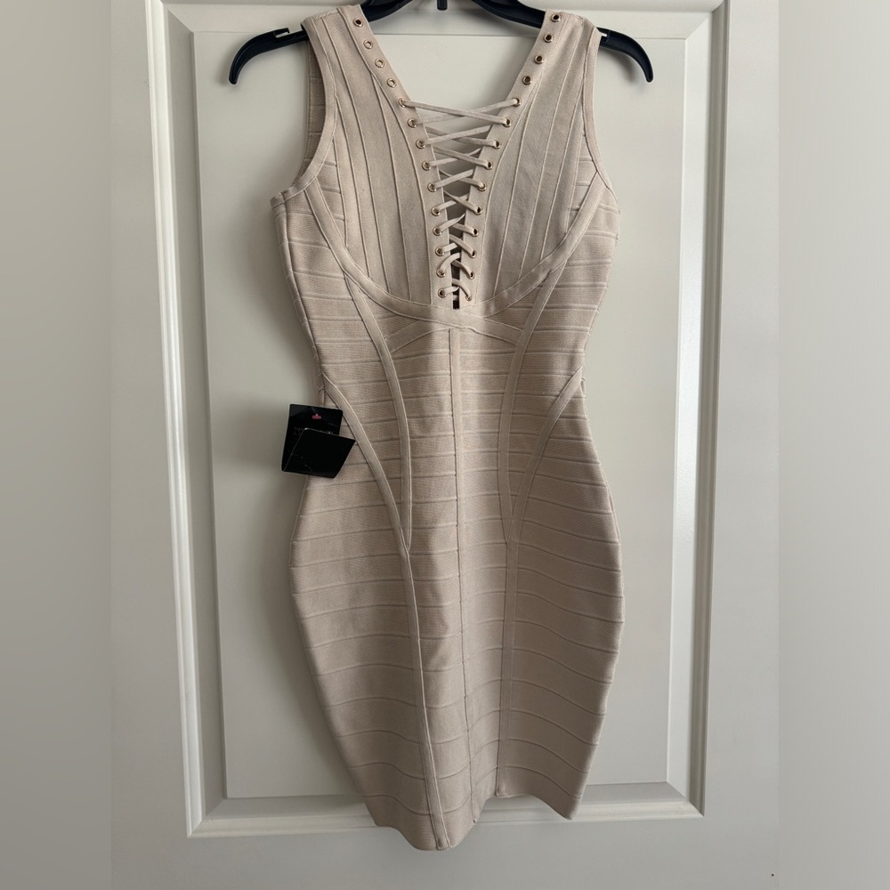 bebe Beige Lace-Up Mini Bandage Dress